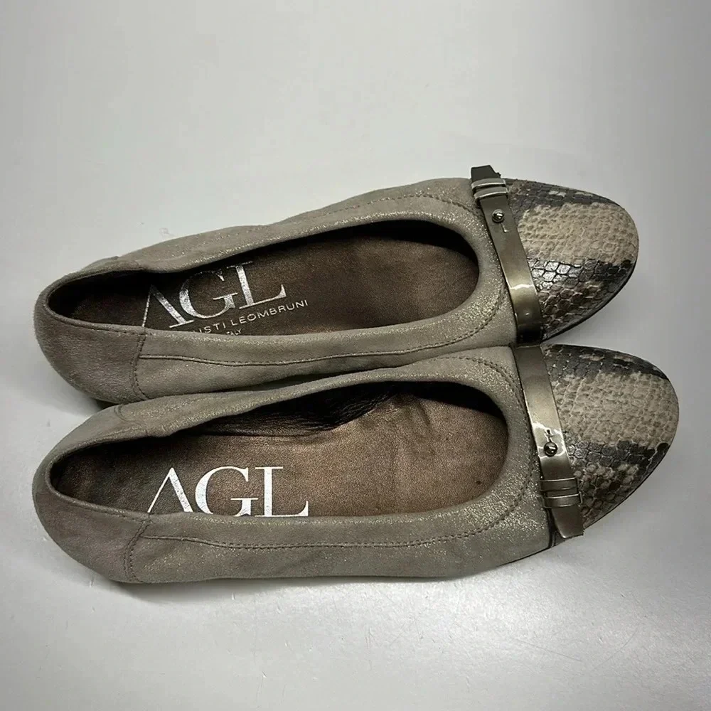 AGL Ballet Flats Shoes Cap Top Buckle Suede Snakeskin Metallic Size 36.5 6.5